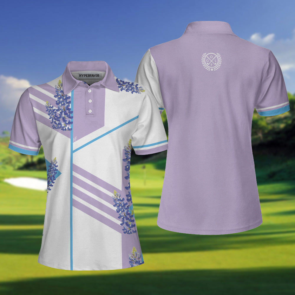 Bluebonnet With Purple Stripe Golf Short Sleeve Women Polo Shirt, White And Purple Texas Golf Shirt For Ladies Coolspod