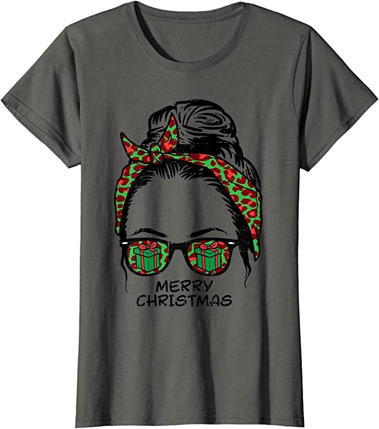 Womens Merry Christmas Hair Bun Leopard Xmas Pajamas PJs Women Mom T-Shirt