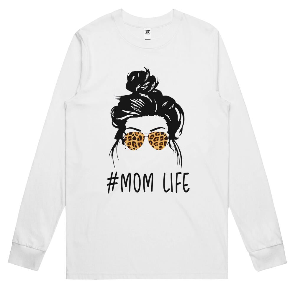 Classy Mom Life With Leopard Pattern Shades & Cool Messy Bun Long Sleeve T Shirts