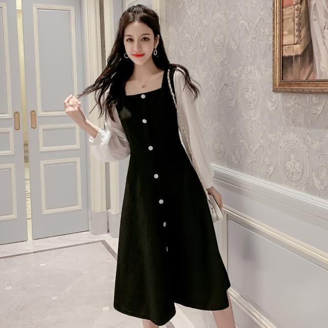 2020 New Korean-Style Retro Graceful Stitching Midi Dress for Women Woman Dress Vestido De Mujer Femme Robe alx