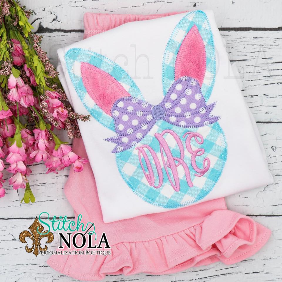 Personalized Easter Bunny Head With Monogram & Bow Appliqué Shirt