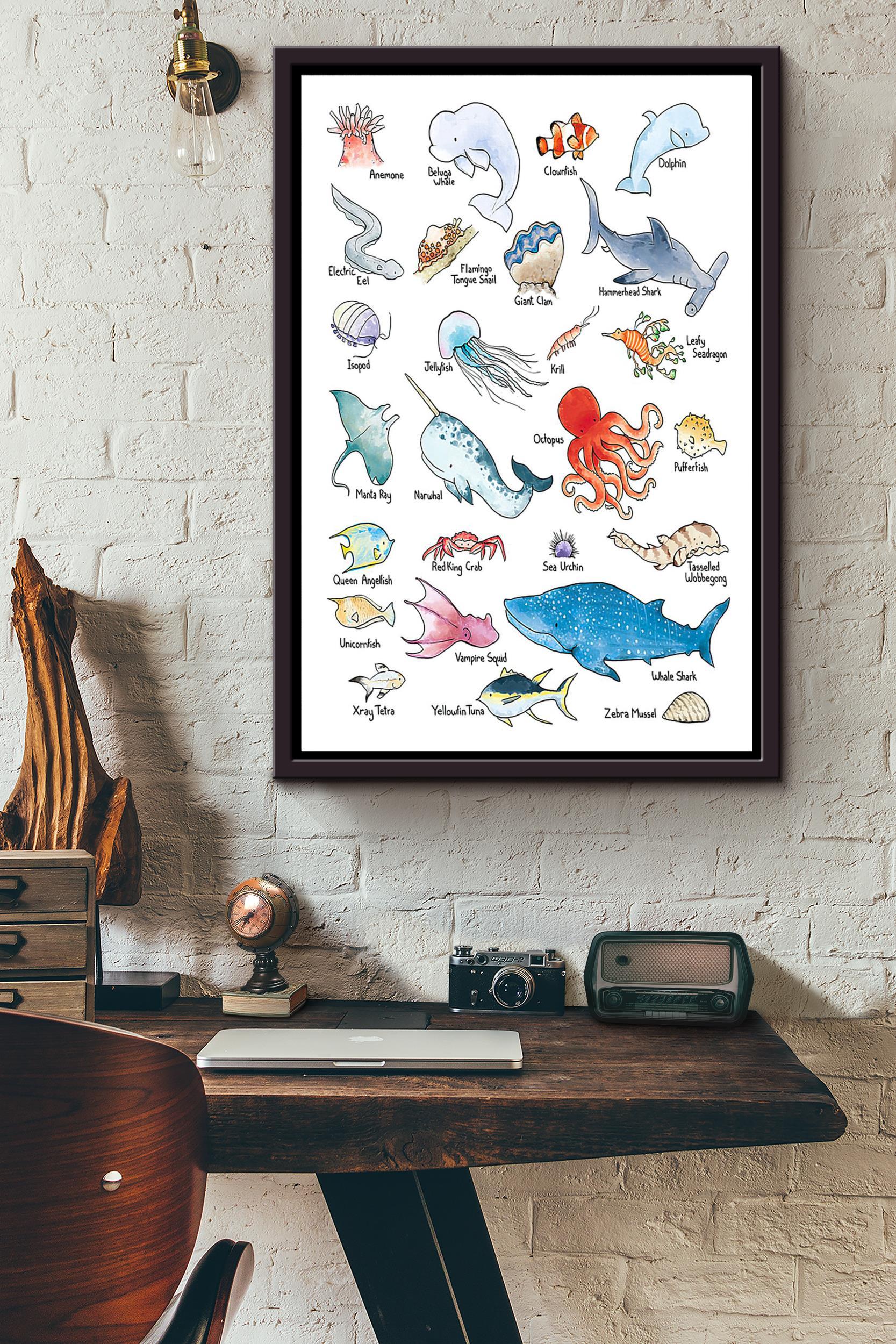 Sea Animal Alphabet Ocean Teacher Poster Framed Matte Canvas