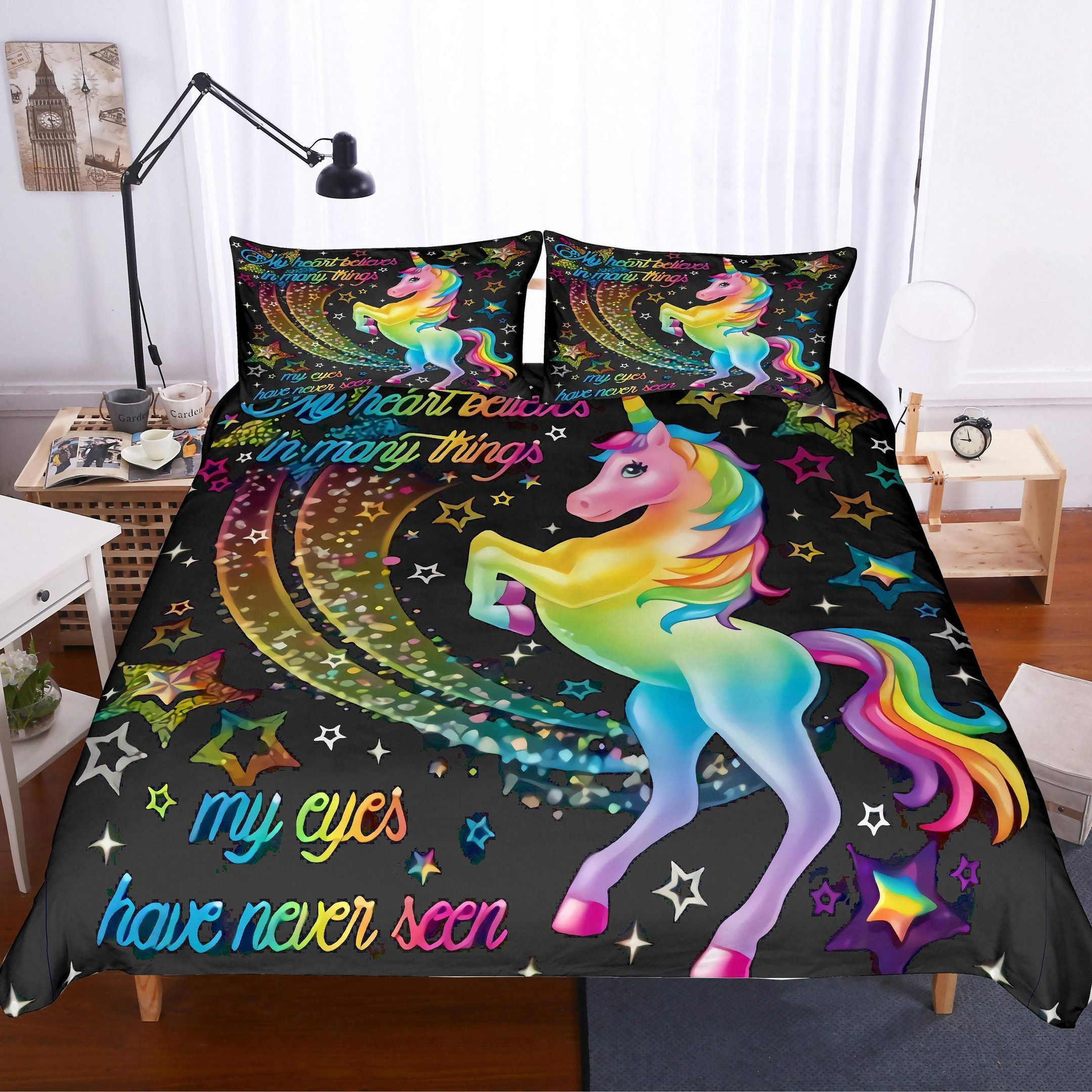 3D Cartoon Colorful Unicorn Moon And Star Bedding Set Bedroom Decor