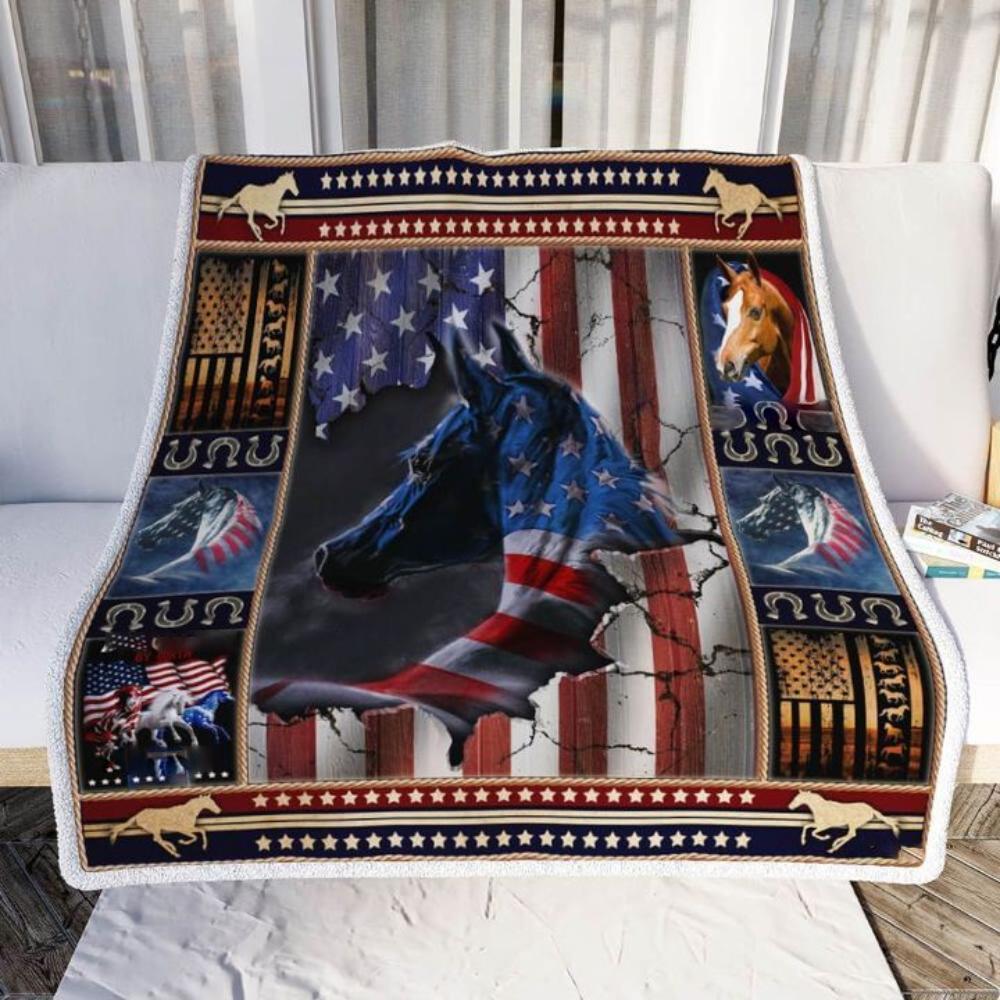 Animal Horse American Flag Fleece Blanket Family Gift Home Decor Bedding Couch Sofa Soft And Comfy Cozy