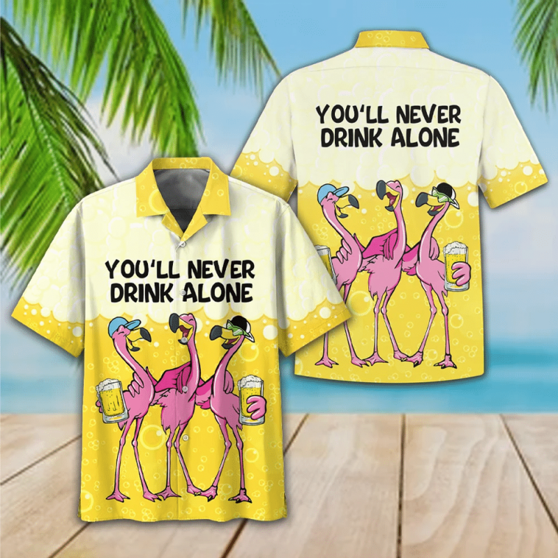 Flamingo Drink Beer Never Alone Print Short Sleeve Hawaii Casual Shirt Ha62059