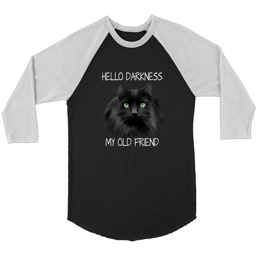 Black Cat Hello Darkness My Old Friend, Cat Lover Kitten – Canvas 3/4 Raglan Shirt