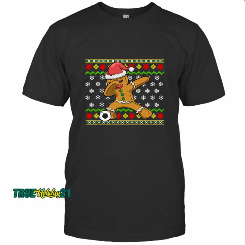 Soccer Dabbing Gingerbread Man Ugly Christmas Pattern Gift T-shirt