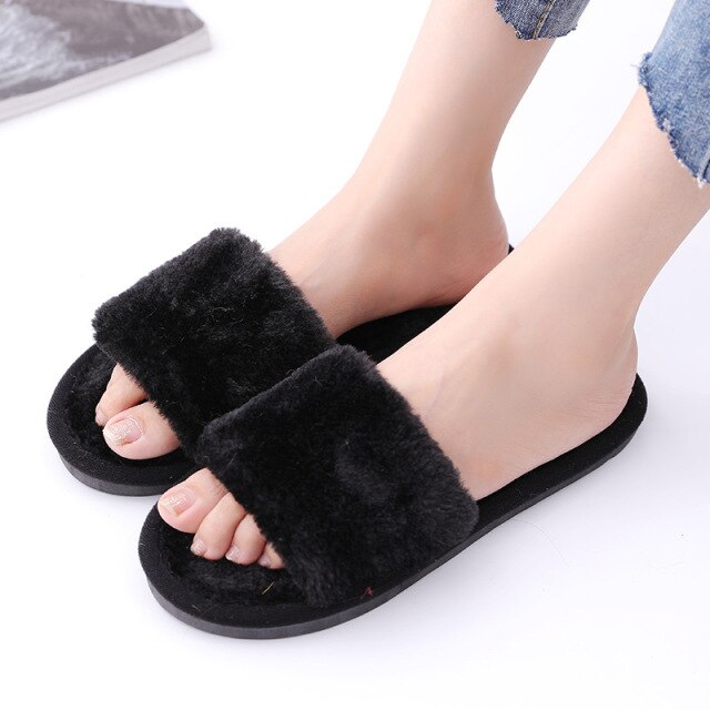 Microdeer 2022 Fashion Women Slippers Furry Fox Fur Slides Home Color Fur Flip Flops Fluffy Plush House Shoes Female Cute Winter Warm Slippers