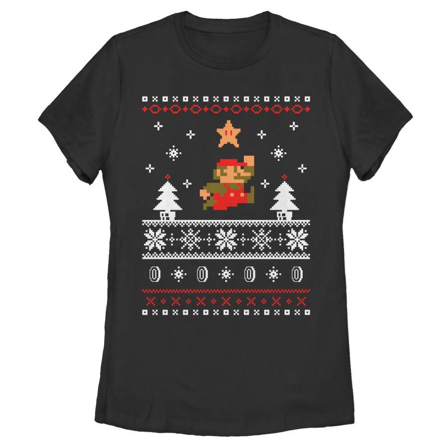 Nintendo Women’s Ugly Christmas Mario Jump Star  T Shirt