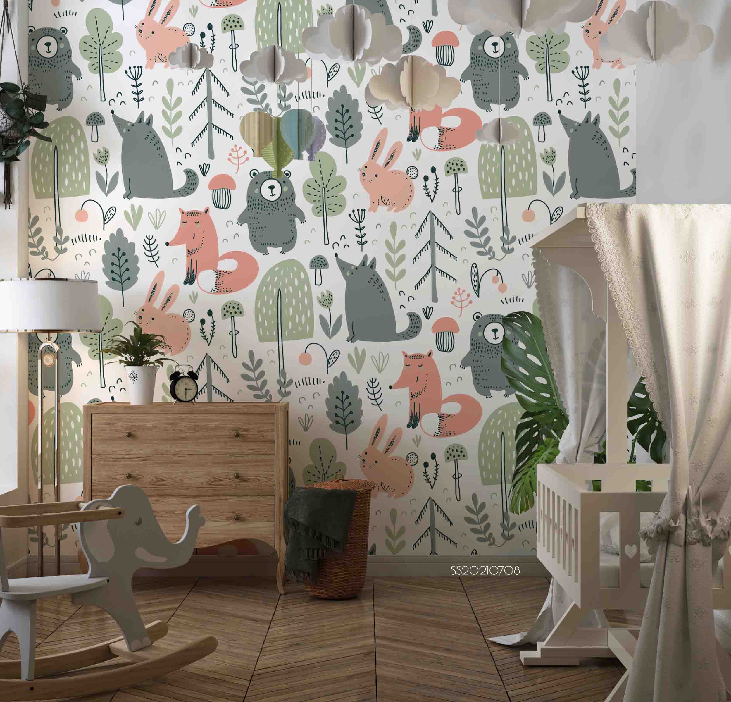 3D Hand Drawn Forest Animal Fox Bear Wall Mural Wallpaper Lqh 93