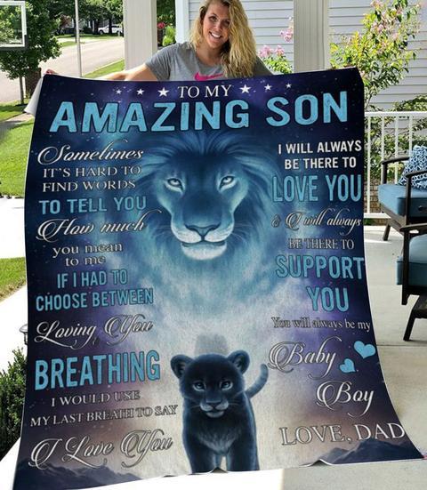 To My Son – Lion – Sometimes It’S Hard To Find Words Blanket Father Gift To Son From Dad Birthday Gift Family Gift Home Decor Bedding Couch Sofa Soft And Comfy Cozy