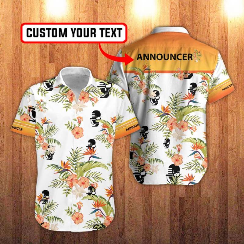 Announcer Floral Hawaiian Shirt in White And Hawaiian Hibiscus Flower Personalization 3D Full Print Button Shirt