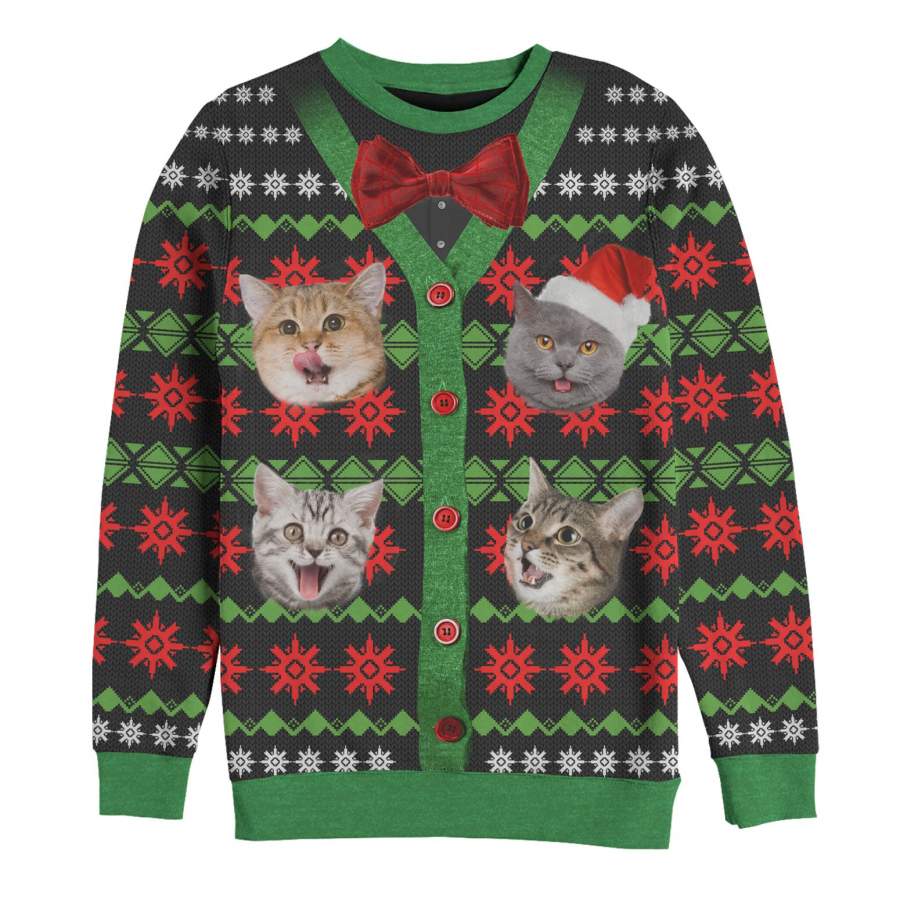 Lost Gods Men’s Ugly Christmas Bow-Tie Cat Explosion  All-Over Sweatshirt