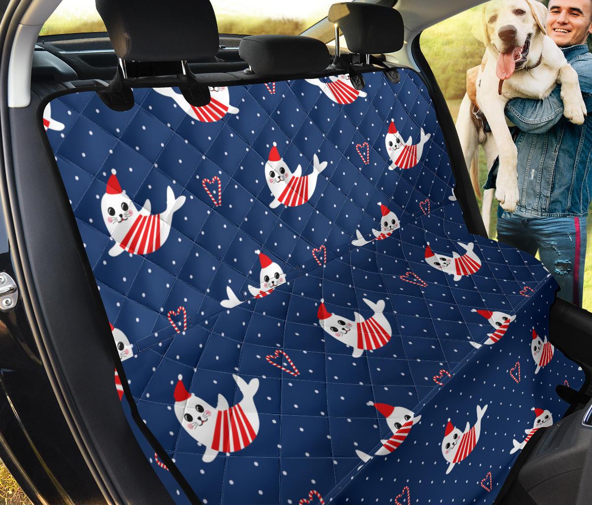 Cute Sea Lion Seal Christmas Hat Candy Cane Heart Pattern Dog Car Seat Covers