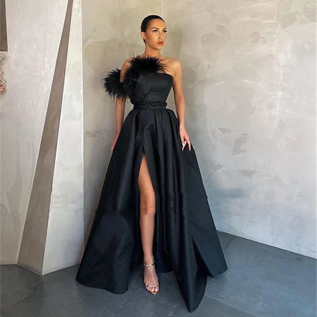 Black Satin Evening Dress Long Prom Gowns With Pockets Feather High Side Slit Formal Party Cocktail Dress Vestidos De Fiesta alx