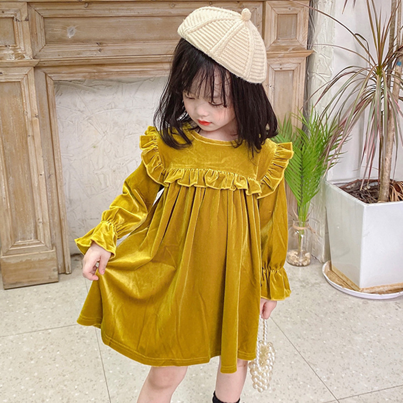 Vintage Bell Sleeve Girls Velvet Fall Witner Dress for Children Ruffles Ins Fashion Causal Clothing Lovely Xmas Costume alx