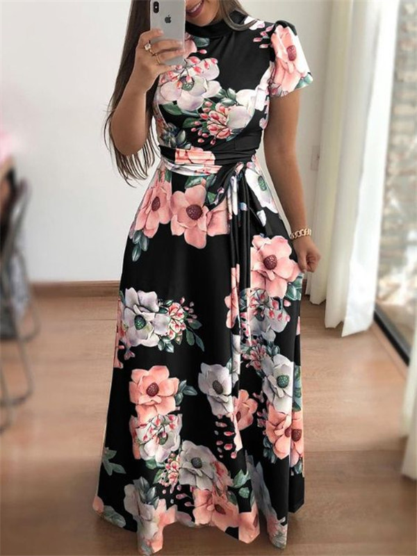 Women Autumn Elegant Long Sleeve Floral Print Long Dress Boho Style Turtleneck Bandage Maxi Dress Plus Size 5XL 2019 alx