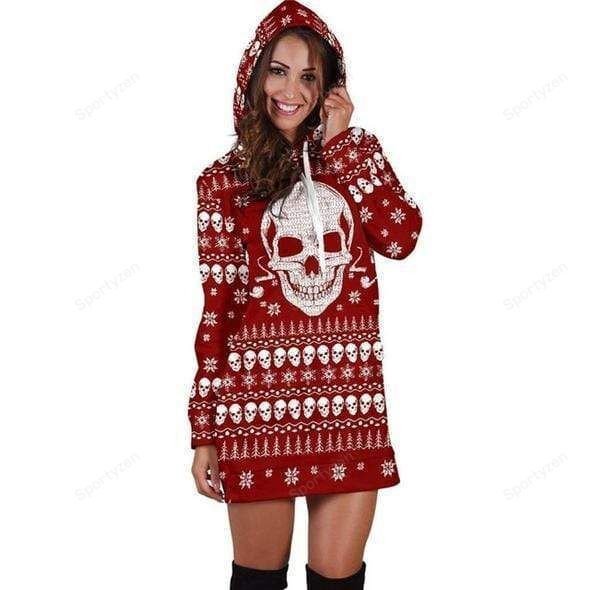 Ugly Christmas Skull Women Red Hoodie Dress 3D