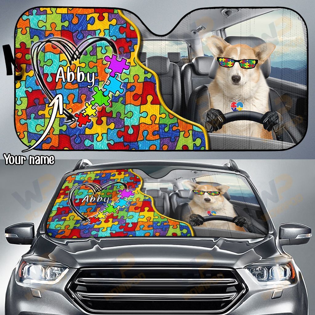 Corgi Autism Awareness Custom Name Car Sun Shade 15 NDC0241