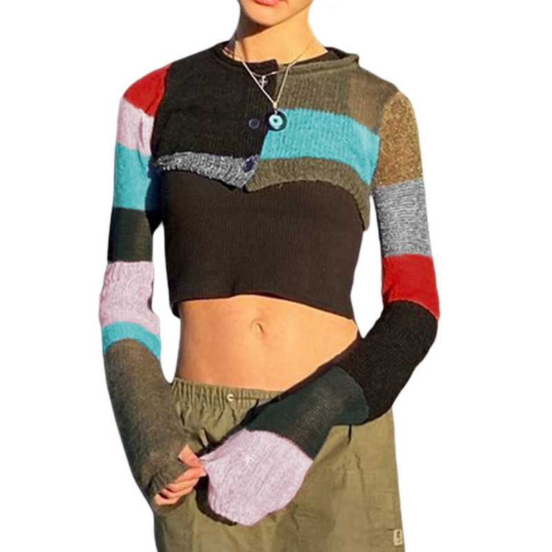 Women Sun-protective Crop Tops Sweater Spring Autumn 2022 y2k Clothes Contrast Color Long Sleeve Round Neck Patchwork Cardigan alx