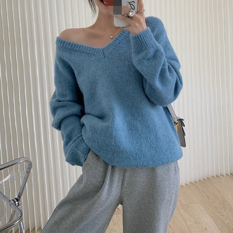 Syiwidii Woman Sweaters Autumn Winter 2021 Korean New Pullovers Raglan Sleeve V Neck Knitted Tops Casual Loose Jumpers Gray Blue alx