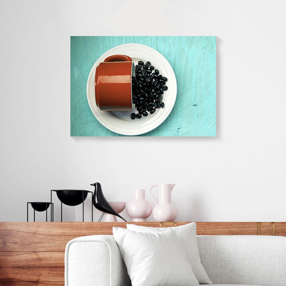 Canvas Painting Orange Ceramic Tea Cup With Beans Coffee Lover Wall Art Canvas Wall Art Home Decor