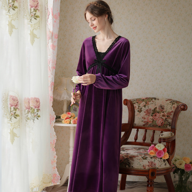 Velvet Romantic Nightgown Women Winter Retro Court Style Long Night Dress Victorian Vintage Princess Sleepwear Robe Peignoir alx