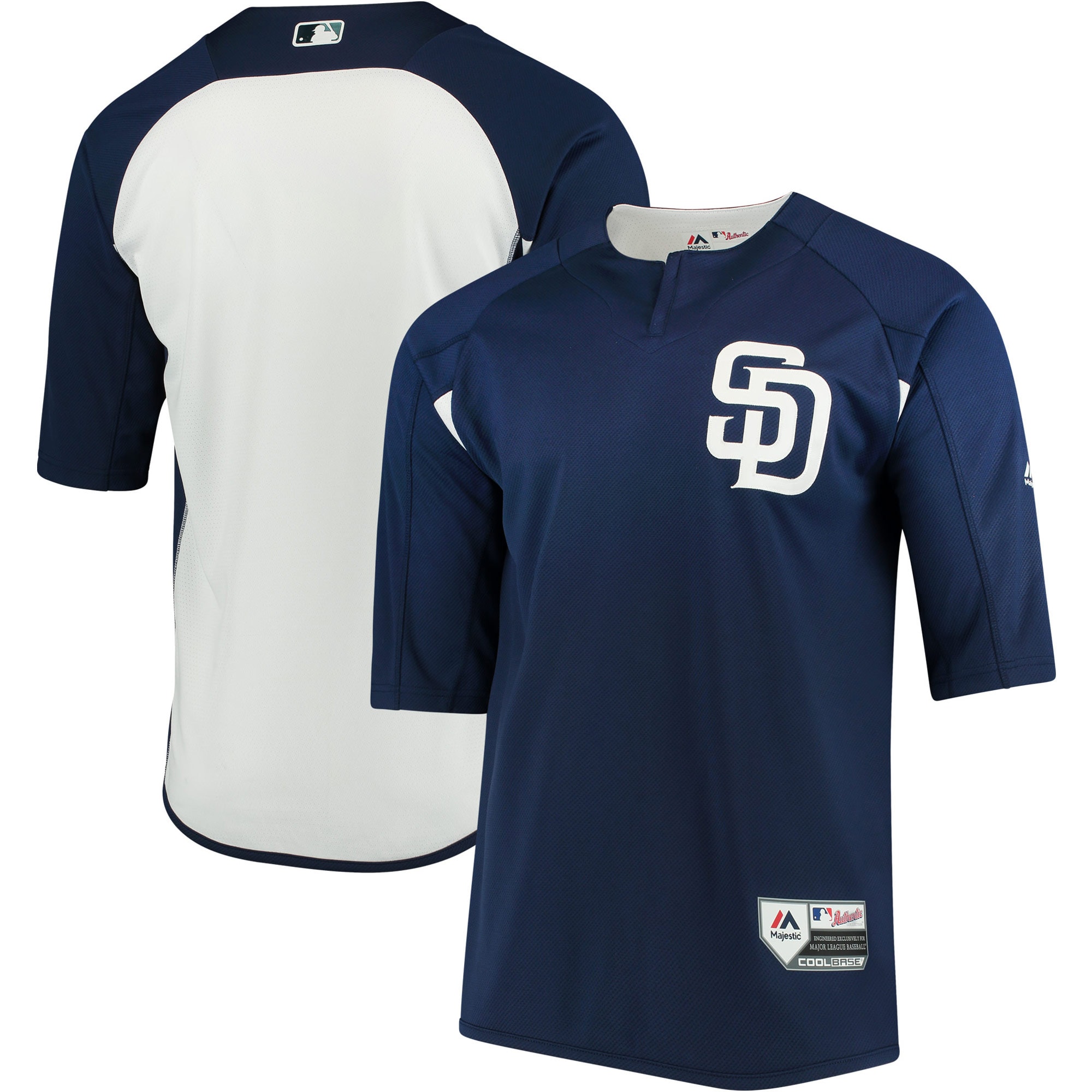 San Diego Padres Majestic Authentic Collection On-Field 3/4-Sleeve Batting Practice Jersey – Navy/White