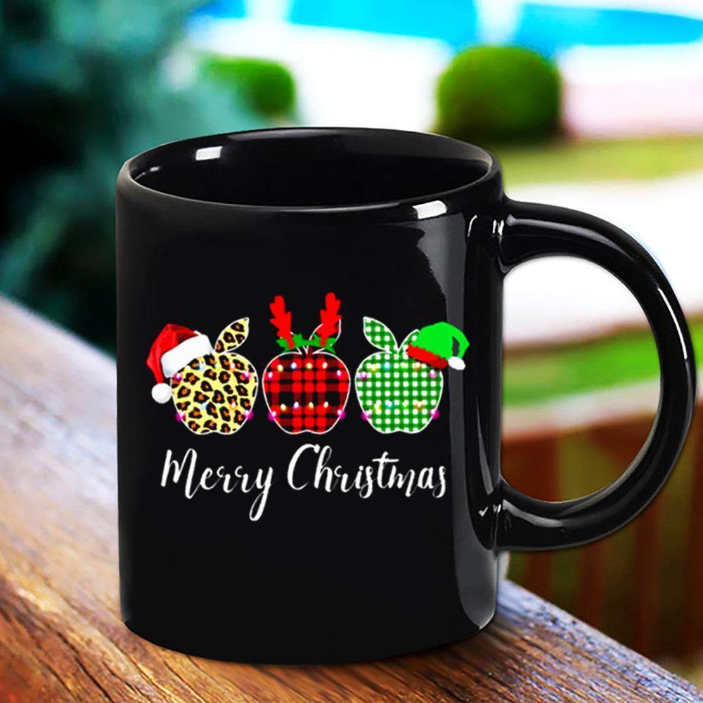 Teacher Appel Merry Christmas Leopard Plaid Aples Santa Hat Deer Black Mug