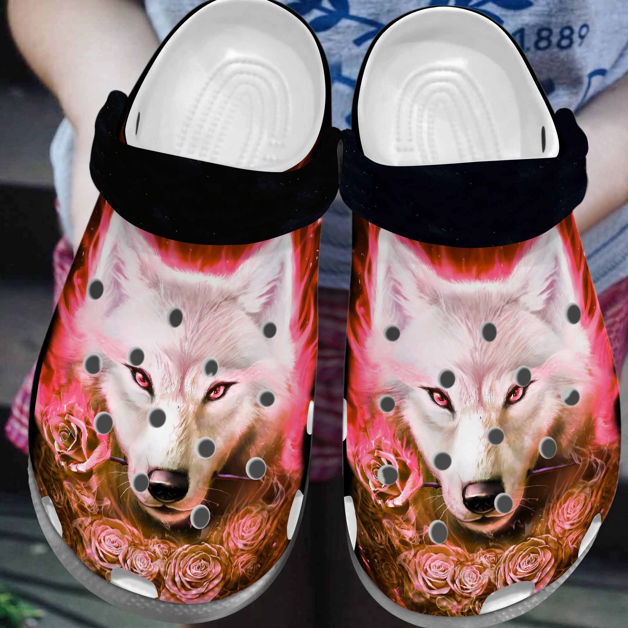Diamon Wolf And Roses Shoes – Wolf Rose Crocbland Clog Birthday Gifts For Women Daughter