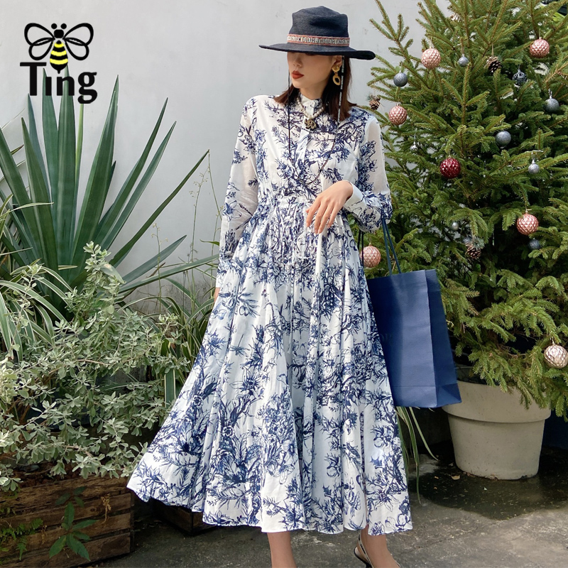 Tingfly Vintage Elegant Bohemian Floral Printing Midi Long Dress Women Spring Summer Fashion Casual Street A Line Vestidos Traf alx