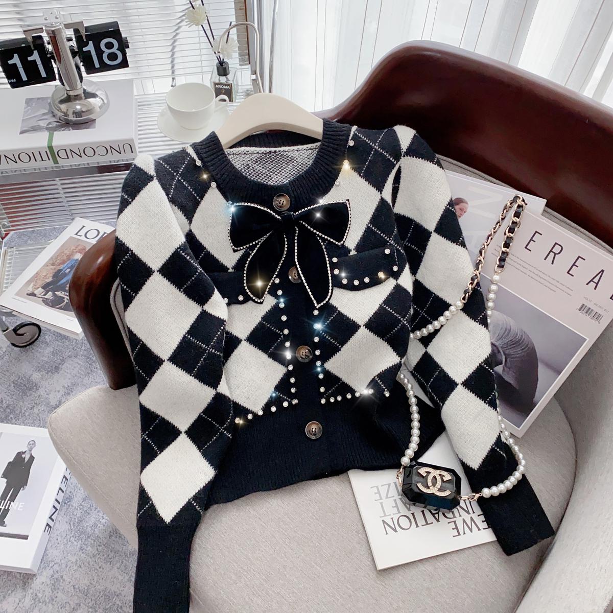 Argyle Knitted Thicken Sweater Cardigan Women 2022 Winter Bowtie Elegant Vintage Stylish Fashion Coat Jacket Long Sleeve Jumpers alx