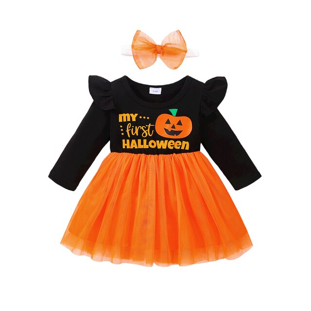 3 -22 Months Baby Girls Halloween Costume Long Sleeves Mesh Dress With Hairband Yarn Skirt +Headdress Children Clothes Princess alx