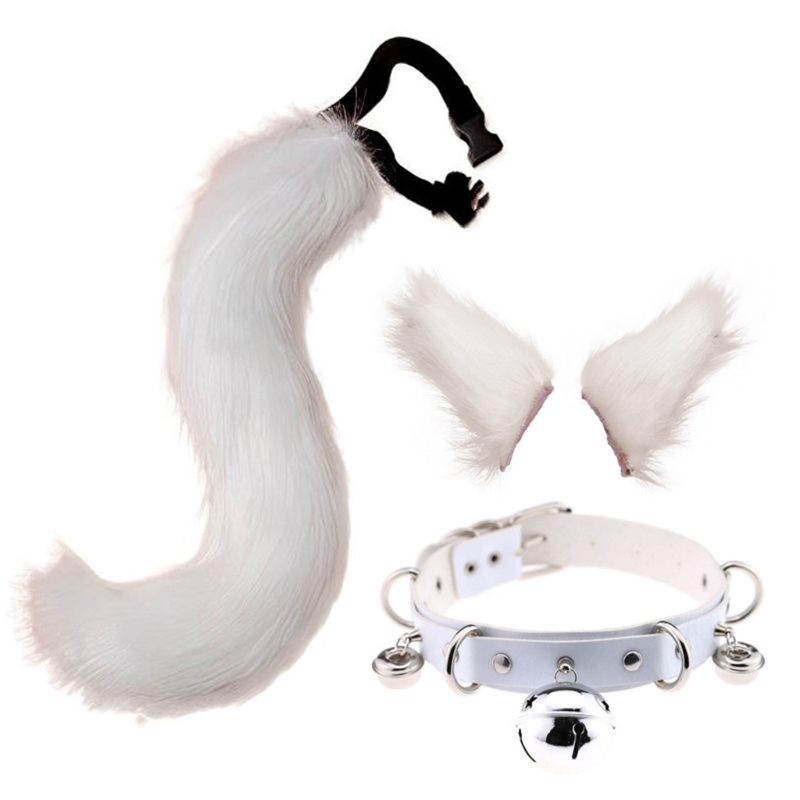 Adult Kids 3 Pieces Plush Cat Ears Hair Clip Furry Wolf Tail with Faux Leather Bell Neck Choker Necklace Set Anime Halloween alx