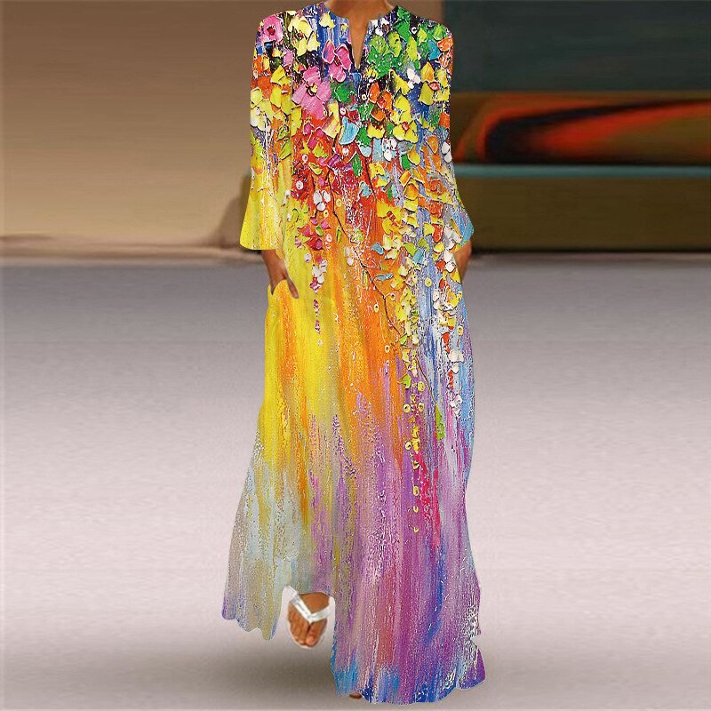 Autumn and Winter Fashion New Women’s Printed Long-sleeved Small V-neck Long Skirt Dress alx