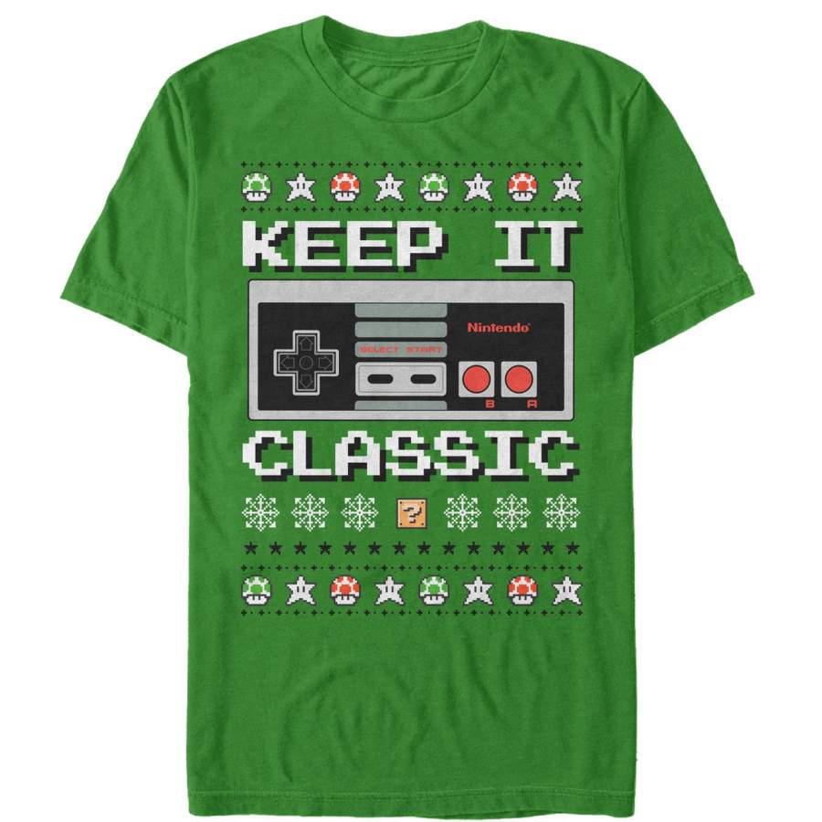 Nintendo Men’s Ugly Christmas NES Classic Controller  T Shirt Kelly Green