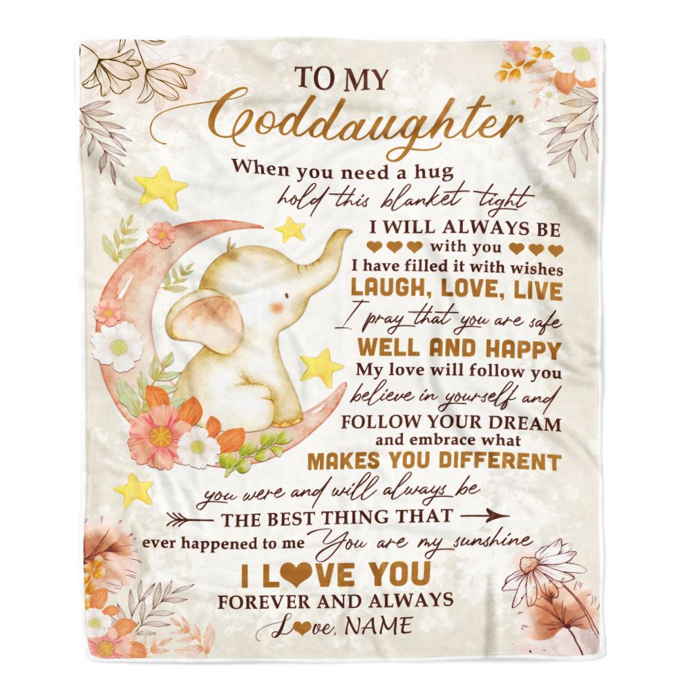 Personalized To My Goddaughter Blanket From Godmother Godfather Flower Elephant Moon Goddaughter Birthday Christmas Customized Bed Fleece Blanket