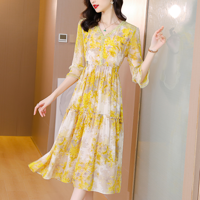 Summer Yellow Floral Mulberry Silk Boho Midi Sundress 2022 Korea Vintage 4XL Plus Size Women Dress Elegant Bodycon Party Vestido alx