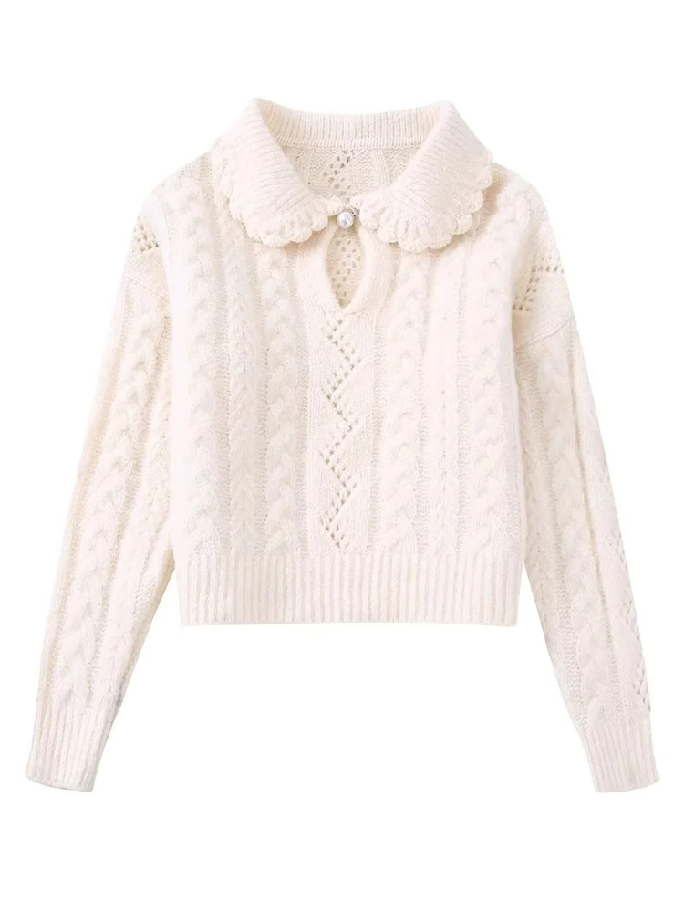 TRAF Women Sweater Faux Pearl Knitted Cropped Sweater Woman Winter 2022 Long Sleeve Knit Top Pullover Autumn Beige Cute Sweater alx