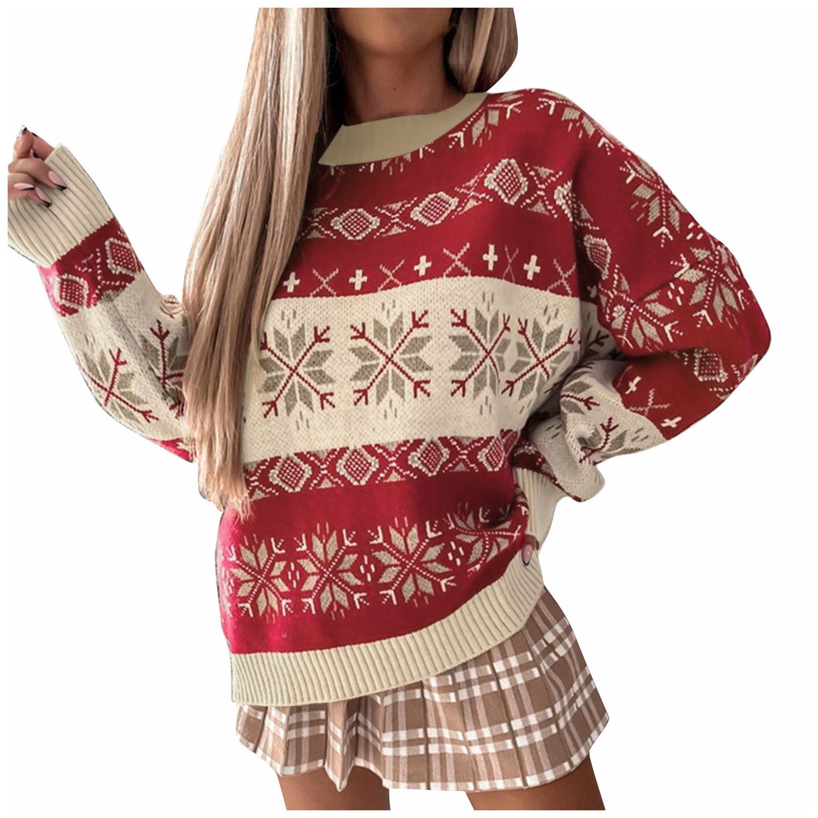 Women’s Fashion Christmas Sweater Round Neck Long Sleeve Sweater Cropped Tops Off Shoulder Casual Loose Jumper Y2K V-neck Slim alx