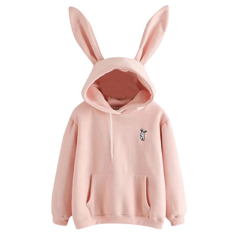 Autumn Winter Women Hoodies Kawaii Rabbit Ears Fashion Hoody Casual Solid Color Warm Sweatshirt Hoodies