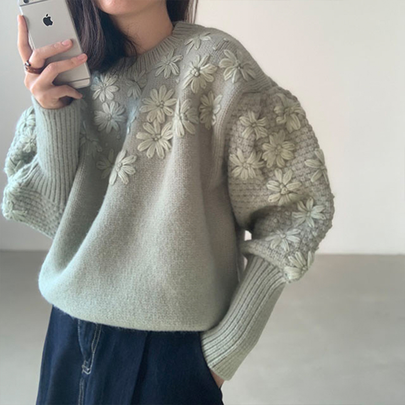 Women Casual Korean Knitting Sweater Flowers Embroidery Round Neck Long Sleeves Vintage Fashion Baggy Ladies Tops Autumn alx