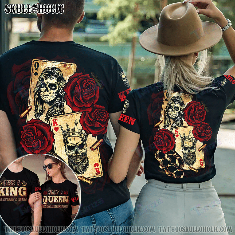 Matching Couple Shirt Skull Couple King Queen Roses 3D All Over Printed Shirt, Sweatshirt, Hoodie, Bomber Jacket Size S – 5Xl