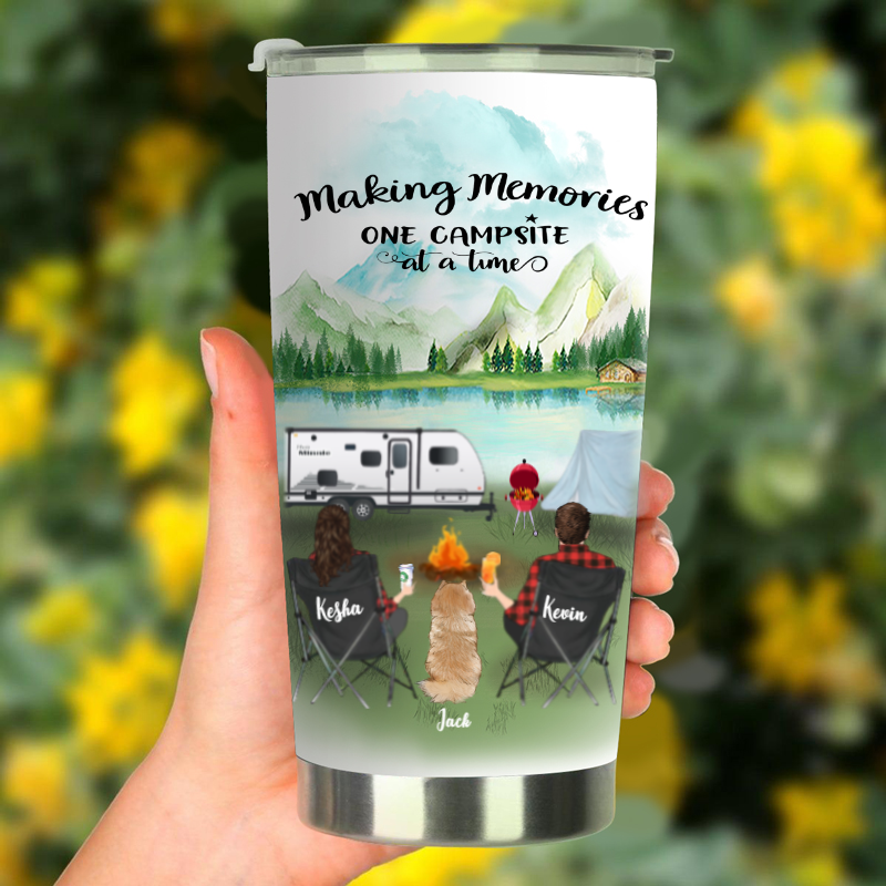 Custom Dog & Owners Camping Tumbler – Personalized Gift for Dog Lovers, Camping Couple – Couple & 1 Dog