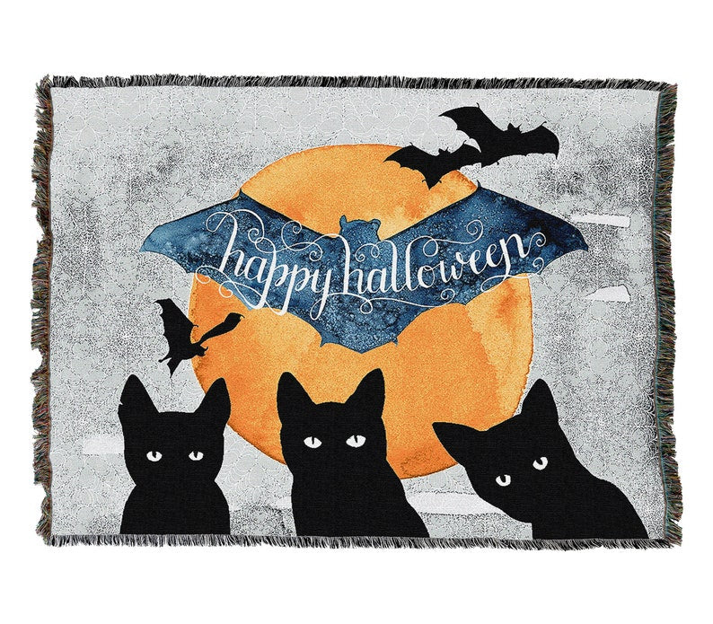 3 Black Cats Happy Halloween Vintage Retro Style Couch Sofa Blanket,  Woven Throw Blanket Home Decor