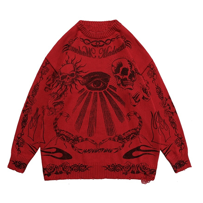 Vintage Knitted Sweater Harajuku Ukiyo-e Style Skull Graffiti Pullover 2022 Autumn Streetwear Sweater Men Women Cotton Knitwear alx