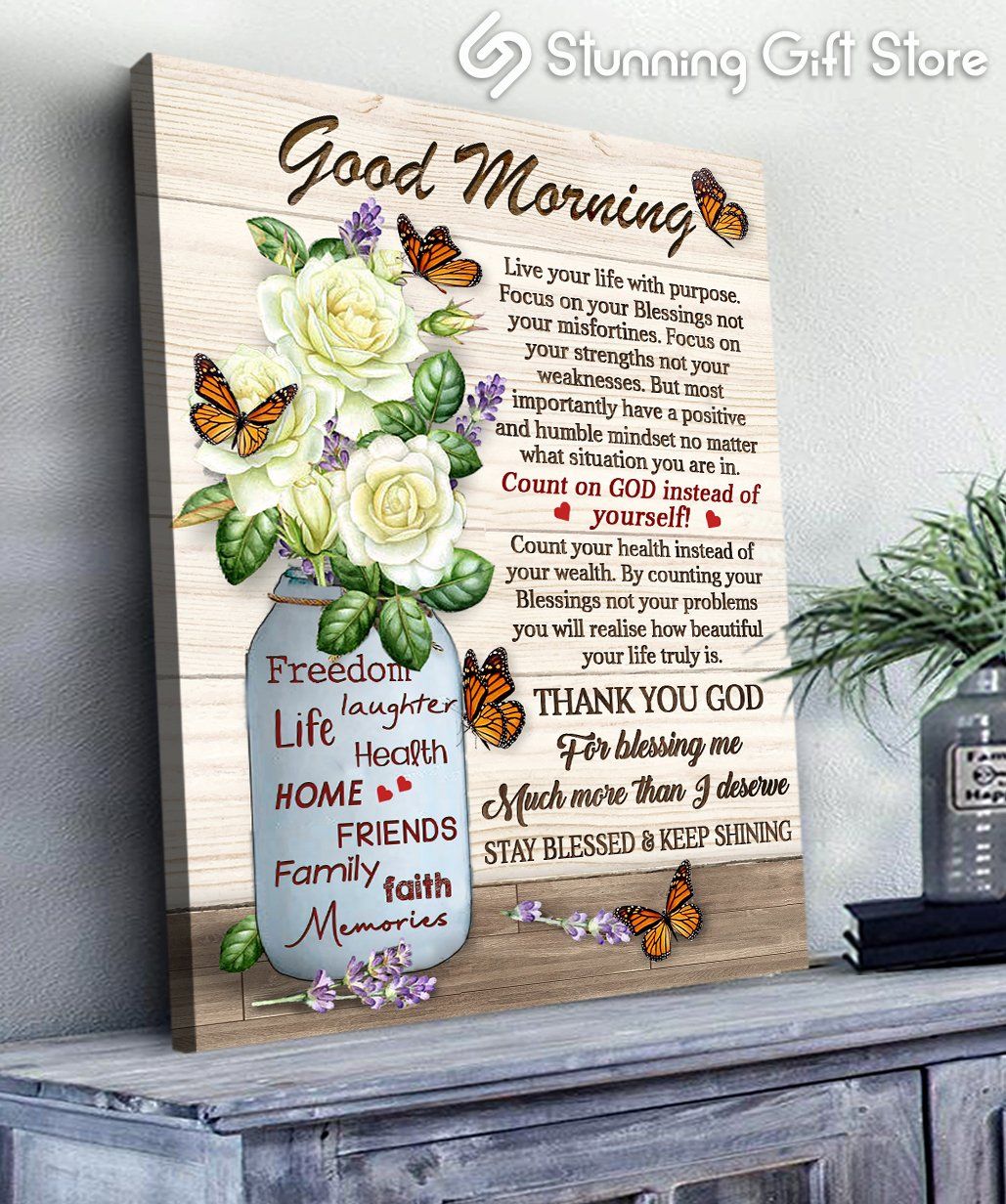 Rose Flower Monarch Butterfly Canvas Good Morning Thank You God Wall Art