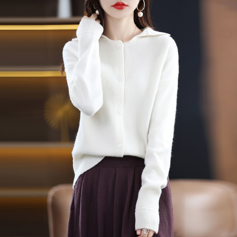 Temperament Pure Wool Sweater Women Polo Lapel Loose Coat Autumn Winter New Style Long Sleeve Knitting Cardigan Off Shoulder Top alx