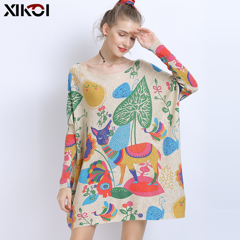 XIKOI Winter Wool Oversized Sweater For Women Warm Long Pullover Dresses Cartoon Print Jumper Casual Knitted Sweaters Pull Femme alx