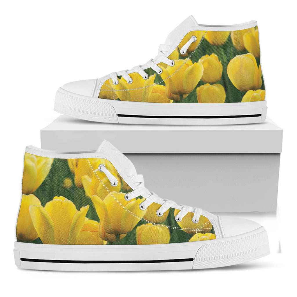 Yellow Tulip Print White High Top Shoes